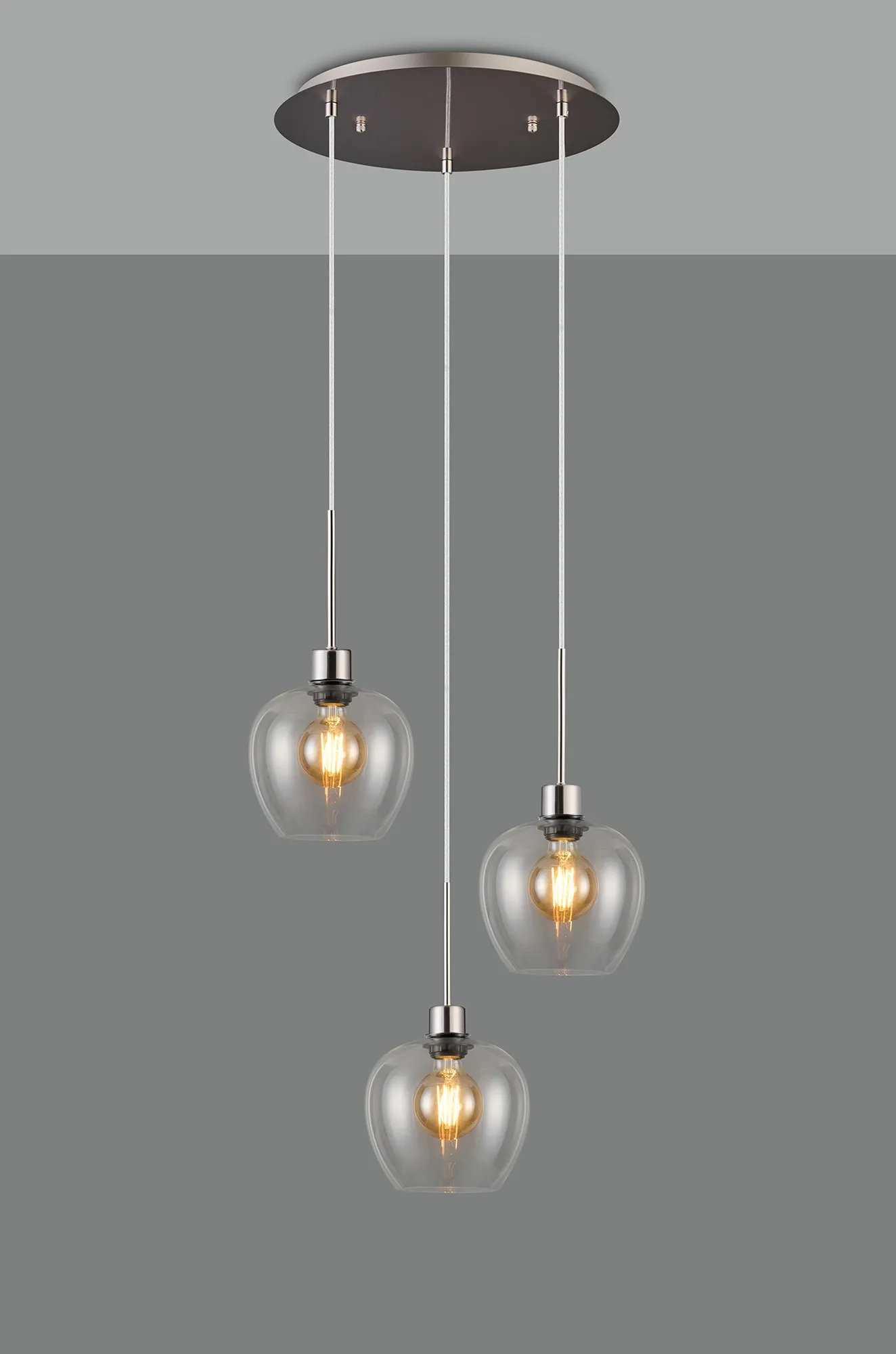 Lori 40cm Round Pendant, 3 Light Adjustable E27, Satin Nickel/Clear Wine Shades DK1370  Deco Lori Satin Nickel